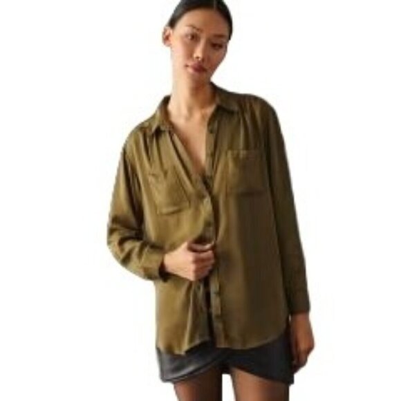 NWT Anthropologie Olive‎ Green Silky Button-Down Shirt Lagenlook Flowy Small - Picture 1 of 7
